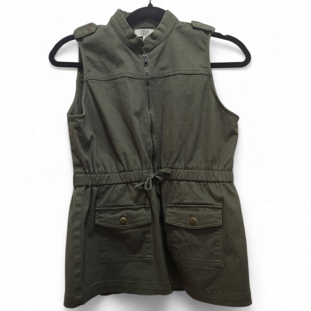 TRUE CRAFT Girls XL Olive Twill Vest Zipper Front Snap Cargo Pocket Gorpcore